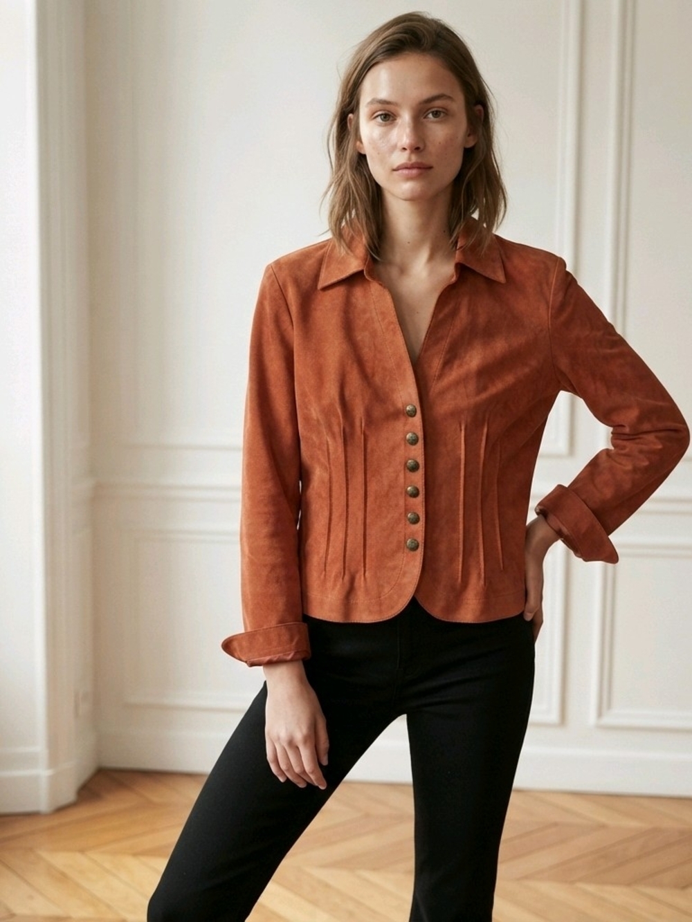 Vintage Women's 100 Percent Suede Leather Rust Cognac Button Front Jacket XLG - Picture 2 of 16